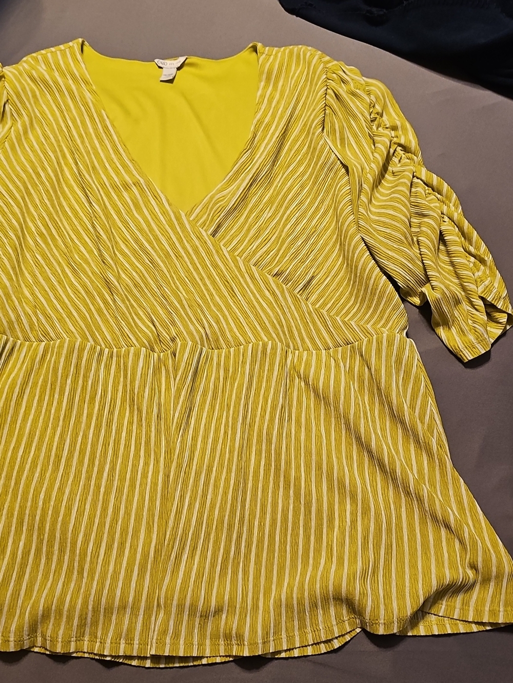 Cato Chartreuse Striped Pleated Wrap Blouse